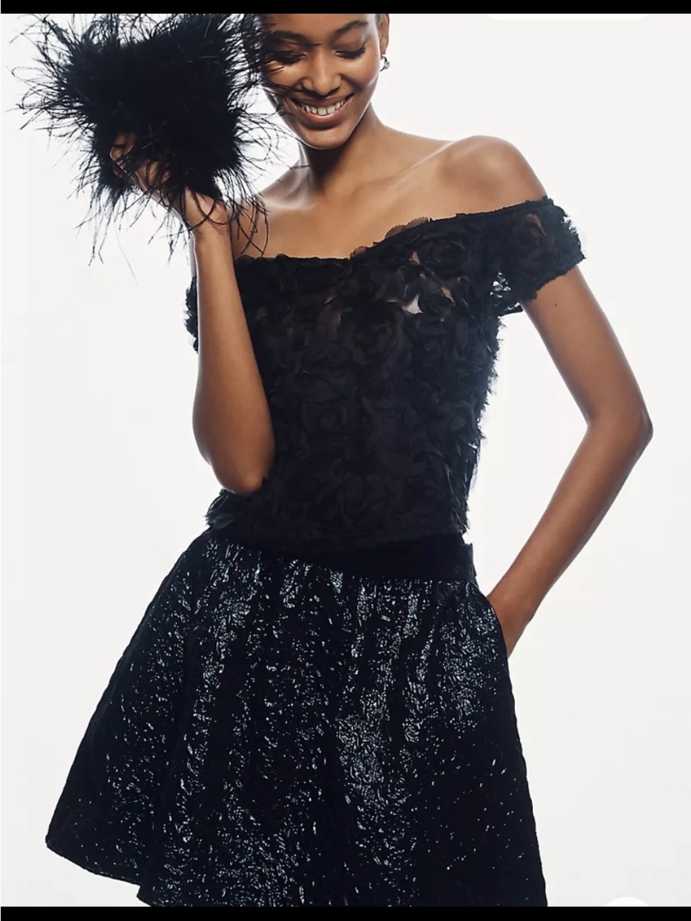 Maeve Black Off-Shoulder Rosette Crop Top